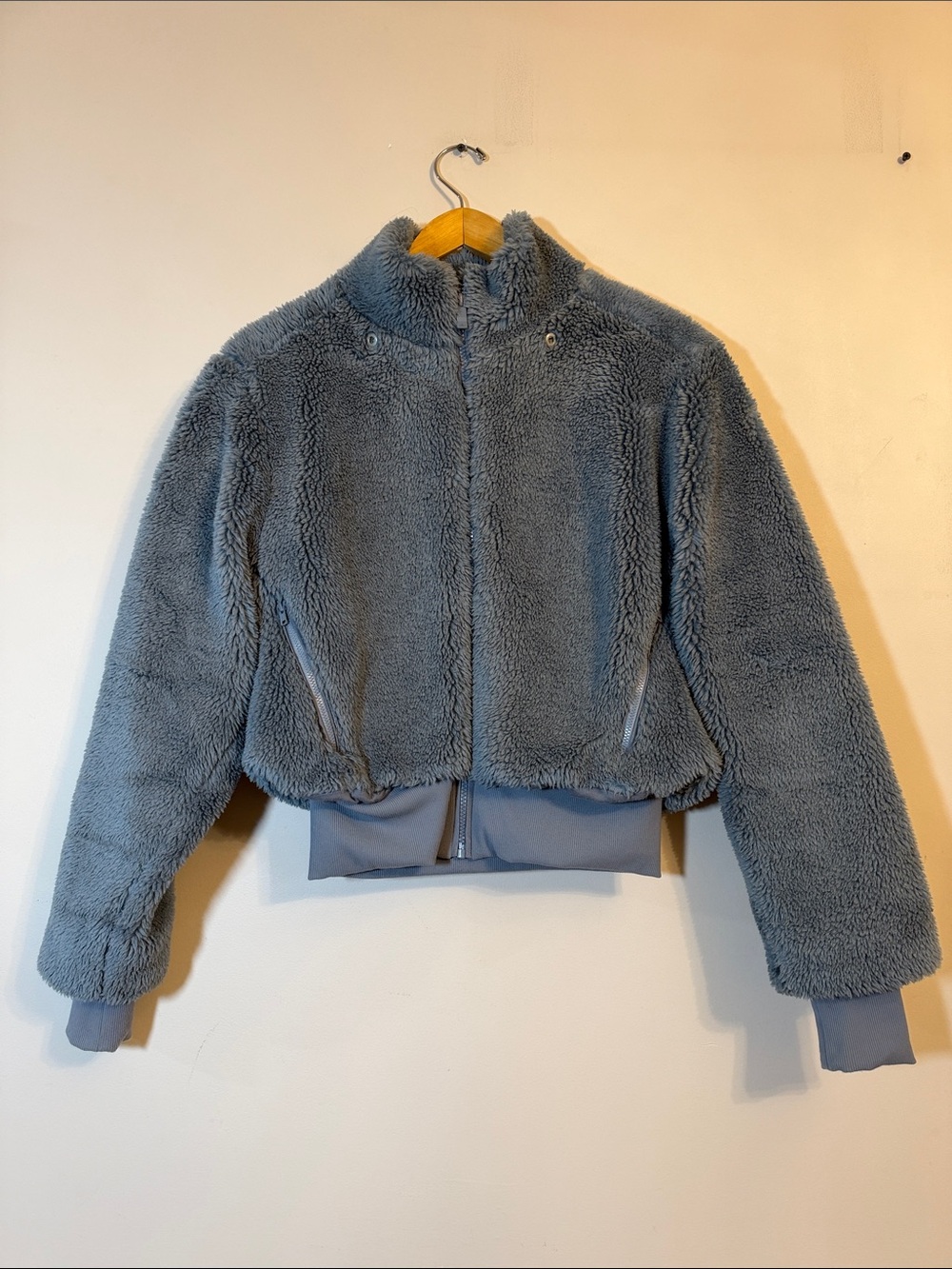 ALO Yoga Blue-Grey Plush Teddy Zip Bomber Jacket